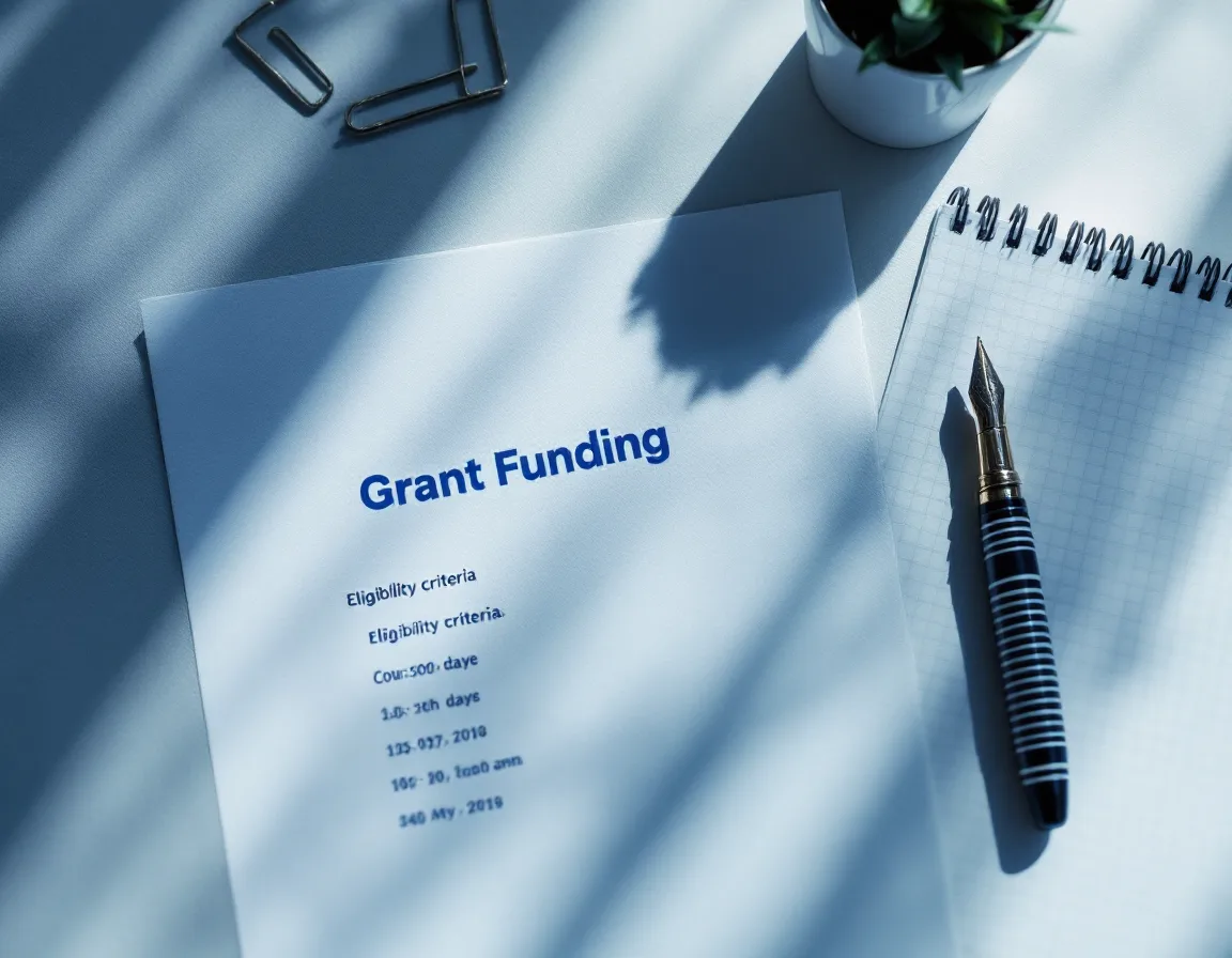 A printed funding notice with its eligibility criteria underlined, beside a grid notepad of countdown dates and a striped fountain pen