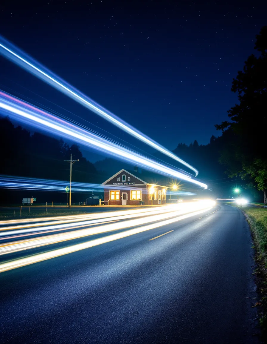 A rural community hall at night with car headlights streaking past as soft trails of light