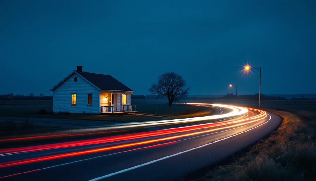 Long-exposure photograph of headlight trails curving past a small rural community hall at dusk
