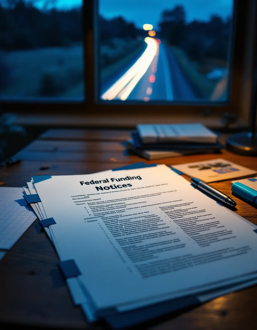 A printed funding notice flagged with blue tabs on a desk at dusk, with headlight trails passing outside the window