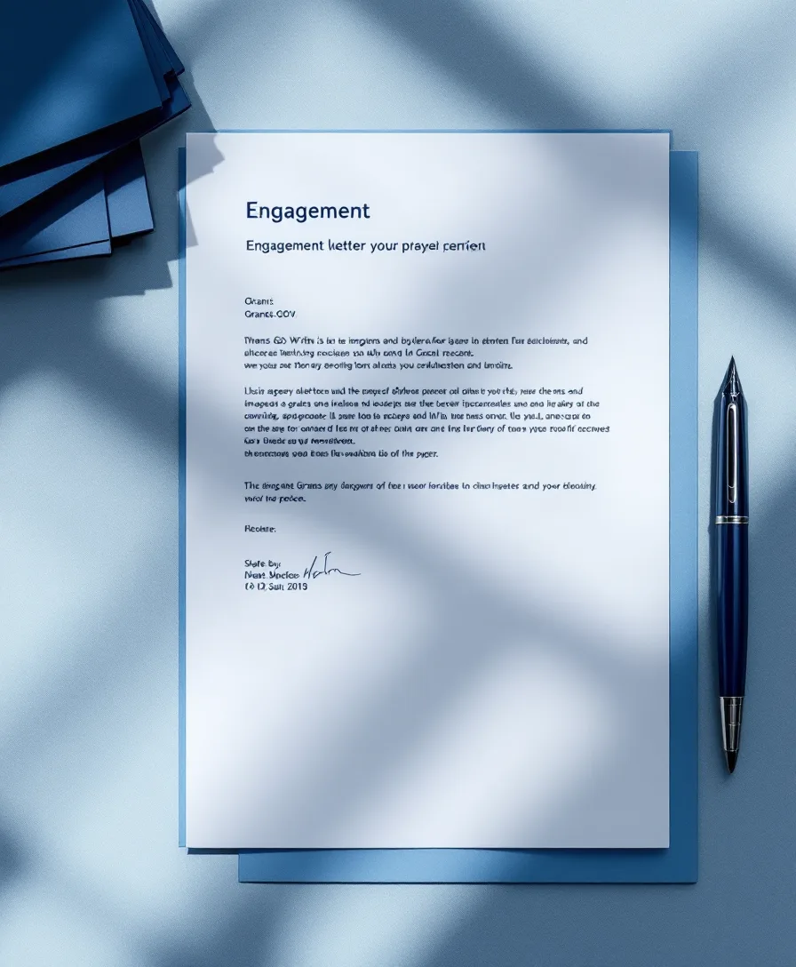 An engagement letter and a submission receipt laid on blue-grey graph paper beside a fountain pen